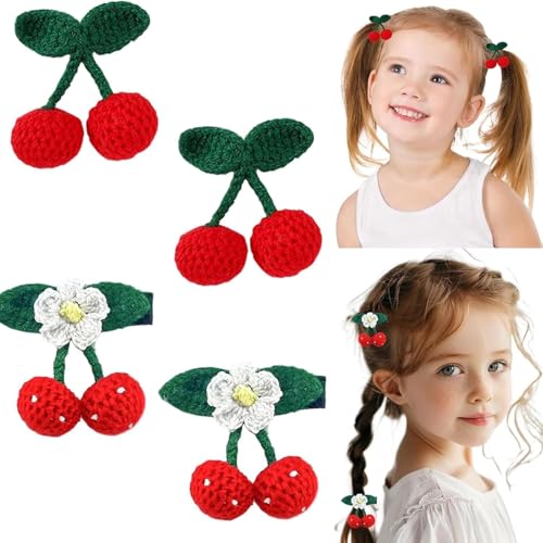 Xizhiwan 4 Stück handgemachte gehäkelte Haarclips Kirsche Mini Süße Kirsche Haar Clip Niedliche Fruchtform Stricken Geeignet für Frauen, Mädchen, Kinder und Adolesce von Xizhiwan