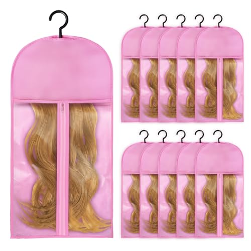 Xlapo Haarverlängerungshalter, Perückenaufbewahrung für mehrere Perücken, Perückenaufhänger mit Haken, Perückenträger-Organizer, staubdicht, Perücken und Zubehör (10 Stück, Rosa) von Xlapo