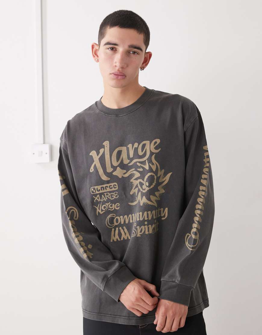 XLarge - Langärmliges T-Shirt in verwaschenem Schwarz mit Grafiklogo und Pigmentfärbung von Xlarge