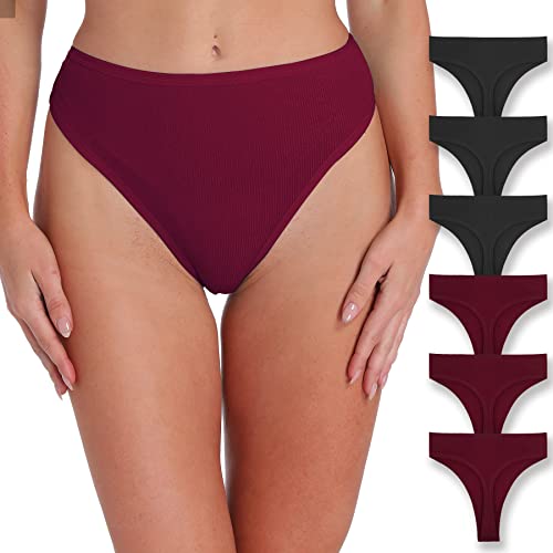 Xlndsoea Damen High Waisted Ribbed Cotton Thongs Stretchy Sport Panties High Cut Atmungsaktive Unterwäsche 6er-Pack, 3 x Schwarz + 3 x Rot, X-Large von Xlndsoea