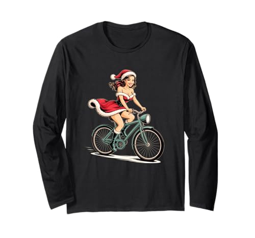 Pinup Weihnachtsmann Mädchen auf Fahrrad Vintage Retro Urlaub Langarmshirt von Xmas Bicycle Santa Shirt Holiday Women Men Gifts