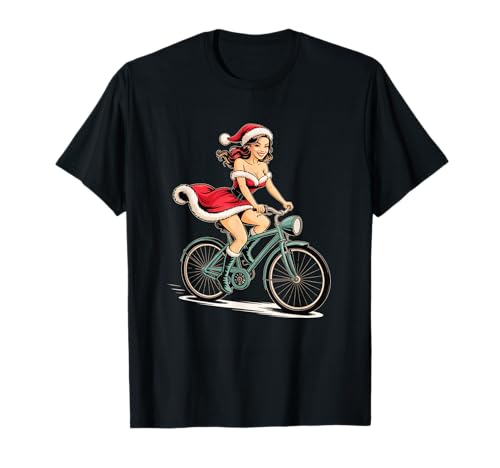 Pinup Weihnachtsmann Mädchen auf Fahrrad Vintage Retro Urlaub T-Shirt von Xmas Bicycle Santa Shirt Holiday Women Men Gifts