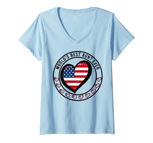 Damen Die weltbeste Tante aller Zeiten Amerikanische Tante und Nichte Nephew Merch T-Shirt mit V-Ausschnitt von Xmas Family Matching Flag Heart American Pride