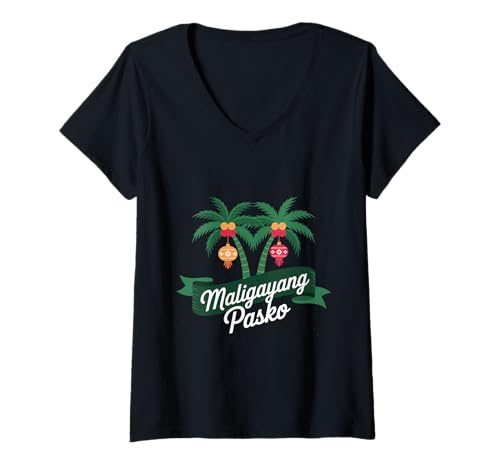 Damen Filipino Parol Tropischer Weihnachtsbaum Maligayang Pasko T-Shirt mit V-Ausschnitt Damen Filipino Parol Tropischer Weihnachtsbaum Maligayang Pasko T-Shirt mit V-Ausschnitt von Xmas Holiday Season for Pinoy Pinay Filipinas