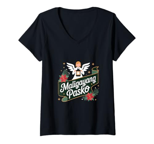 Damen Frohe Weihnachten Maligayang Pasko Filipino Engel T-Shirt mit V-Ausschnitt Damen Frohe Weihnachten Maligayang Pasko Filipino Engel T-Shirt mit V-Ausschnitt von Xmas Holiday Season for Pinoy Pinay Filipinas