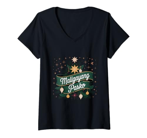 Damen Maligayang Pasko Frohe Weihnachten Philippinen Parol T-Shirt mit V-Ausschnitt Damen Maligayang Pasko Frohe Weihnachten Philippinen Parol T-Shirt mit V-Ausschnitt von Xmas Holiday Season for Pinoy Pinay Filipinas