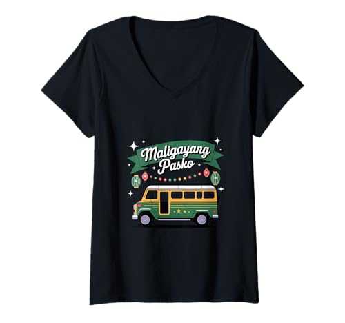 Damen Maligayang Pasko Philippinen Filipino Jeepney Parol T-Shirt mit V-Ausschnitt Damen Maligayang Pasko Philippinen Filipino Jeepney Parol T-Shirt mit V-Ausschnitt von Xmas Holiday Season for Pinoy Pinay Filipinas