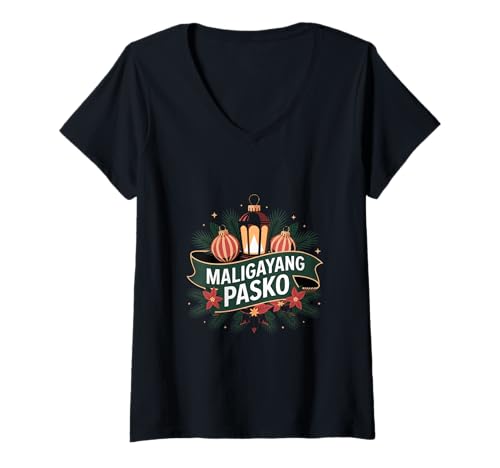 Damen Philippinisches Christmas Parol Maligayang Pasko Songtext T-Shirt mit V-Ausschnitt Damen Philippinisches Christmas Parol Maligayang Pasko Songtext T-Shirt mit V-Ausschnitt von Xmas Holiday Season for Pinoy Pinay Filipinas