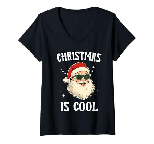 Damen Christmas is Cool Funny Santa Claus Sonnenbrille Xmas Pun T-Shirt mit V-Ausschnitt Damen Christmas is Cool Funny Santa Claus Sonnenbrille Xmas Pun T-Shirt mit V-Ausschnitt von Xmas Humor Co.