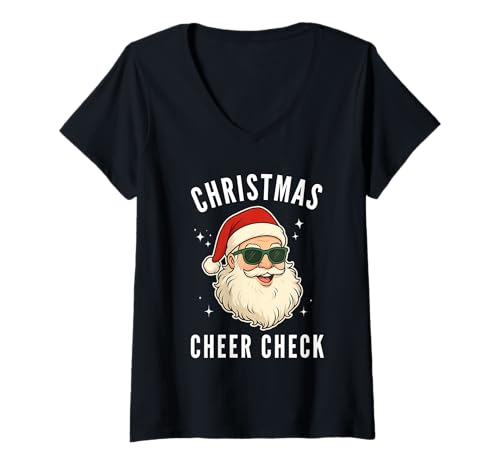 Damen Lustige Weihnachtsmann-Sonnenbrille mit weihnachtlichem Karomuster T-Shirt mit V-Ausschnitt Damen Lustige Weihnachtsmann-Sonnenbrille mit weihnachtlichem Karomuster T-Shirt mit V-Ausschnitt von Xmas Humor Co.