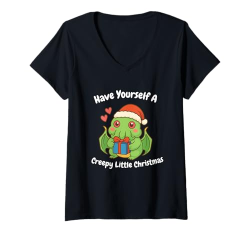 Damen Niedliches gruseliges Weihnachts-Cthulhu Kawaii Urlaubsmonster T-Shirt mit V-Ausschnitt Damen Niedliches gruseliges Weihnachts-Cthulhu Kawaii Urlaubsmonster T-Shirt mit V-Ausschnitt von Xmas Humor Co.