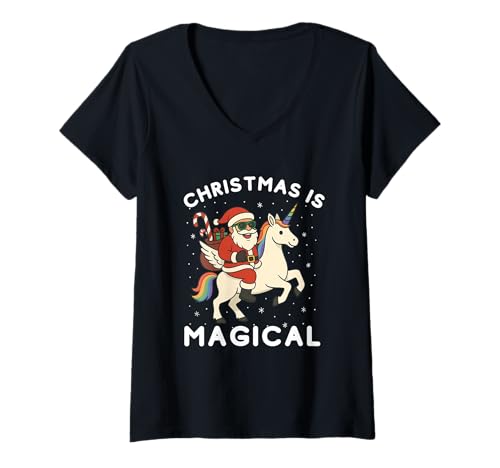 Damen Weihnachten ist magisch Der Weihnachtsmann reitet auf einem Einhorn T-Shirt mit V-Ausschnitt Damen Weihnachten ist magisch Der Weihnachtsmann reitet auf einem Einhorn T-Shirt mit V-Ausschnitt von Xmas Humor Co.