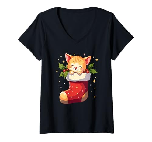 Damen Niedlicher Weihnachtsstrumpf mit niedlichem Kätzchen, gemütlicher Urlaub für Katzenliebhaber T-Shirt mit V-Ausschnitt Damen Niedlicher Weihnachtsstrumpf mit niedlichem Kätzchen, gemütlicher Urlaub für Katzenliebhaber T-Shirt mit V-Ausschnitt von Xmas Kitten Holiday Creations