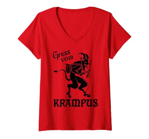 Damen Krampus - Gruss Vom (Greetings from) Krampus, Weihnachten T-Shirt mit V-Ausschnitt von Xmas Krampus Shirts