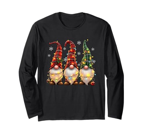 DREI Zwerge Herren Damen Büffel Plaid Rot Weihnachten Langarmshirt von Xmas Lights Gnomes Holiday Graphics
