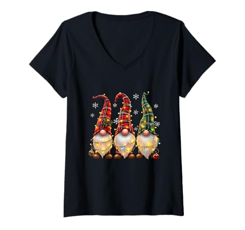 Damen DREI Zwerge Herren Damen Büffel Plaid Rot Weihnachten T-Shirt mit V-Ausschnitt von Xmas Lights Gnomes Holiday Graphics