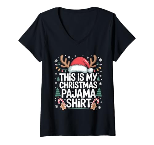 Damen This is My Christmas Pyjama-Shirt, Familie, passend, lustig T-Shirt mit V-Ausschnitt Damen This is My Christmas Pyjama-Shirt, Familie, passend, lustig T-Shirt mit V-Ausschnitt von Xmas Pajama Shirt for Men Women Kids Family
