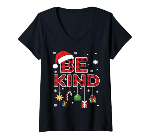 Damen Weihnachten Sei Nett Rot Kariert Zitat Zuckerstangen Familie T-Shirt mit V-Ausschnitt Damen Weihnachten Sei Nett Rot Kariert Zitat Zuckerstangen Familie T-Shirt mit V-Ausschnitt von Xmas Plaid Kindness Apparel