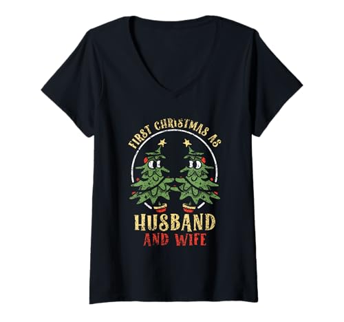 Damen Erste Weihnachten als Ehemann und Ehefrau Paar verheiratet T-Shirt mit V-Ausschnitt von Xmas Relationship First Christmas Couples