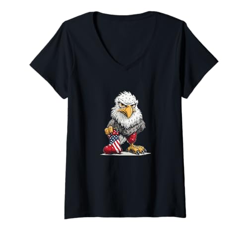 Damen Hackbeil Adler mit Weihnachtssocke für Jungen und Mädchen T-Shirt mit V-Ausschnitt von Xmas Sock Eagle Outfit