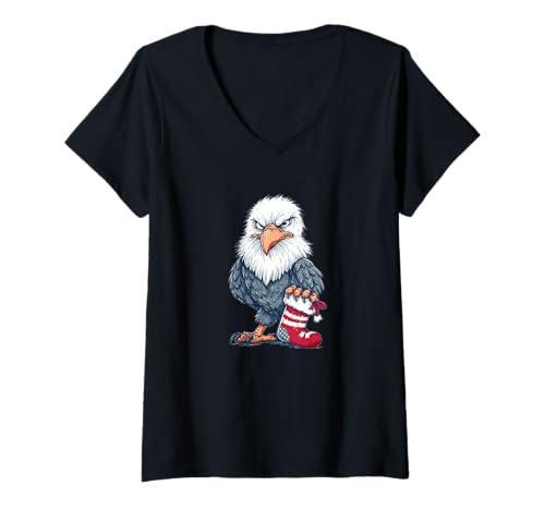 Damen Patriotische USA Weihnachten mit coolem Adler und Socke T-Shirt mit V-Ausschnitt von Xmas Sock Eagle Outfit