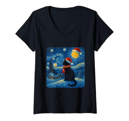 Damen Katze Sternennacht Van Gogh Katze Weihnachten T-Shirt mit V-Ausschnitt von Xmas Starry Night Cat Lover Gifts Graphic Tees