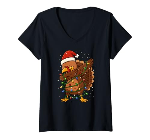 Damen Lustige Truthahn Dabbing Weihnachtsbeleuchtung Xmas Thanksgiving T-Shirt mit V-Ausschnitt von XmasAxis1