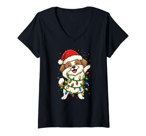 Damen Lustige Weihnachtsbeleuchtung Shih Tzu Dabbing Xmas Mom Dad Kids T-Shirt mit V-Ausschnitt von XmasAxis1