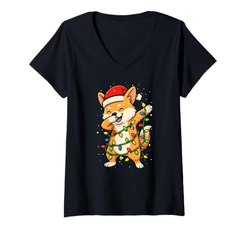 Damen Lustiger Corgi Hund Dabbing Weihnachten Weihnachten Feiertage Mama Papa Kinder T-Shirt mit V-Ausschnitt von XmasAxis1