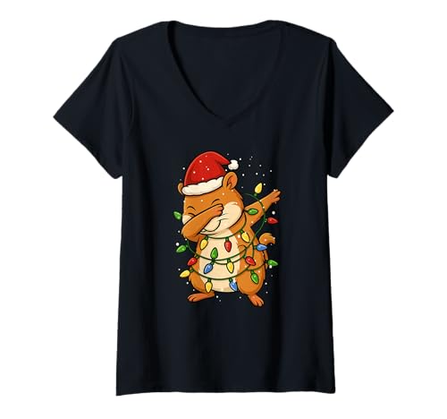 Damen Lustiger Dabbing Hamster Weihnachten Weihnachten Feiertage Jungen Mädchen Kind T-Shirt mit V-Ausschnitt von XmasAxis1