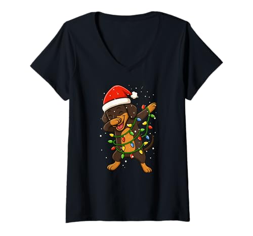 Damen Lustiger Dackel Doxie Weihnachten Dabbing Xmas Mama Papa Kinder T-Shirt mit V-Ausschnitt von XmasAxis1