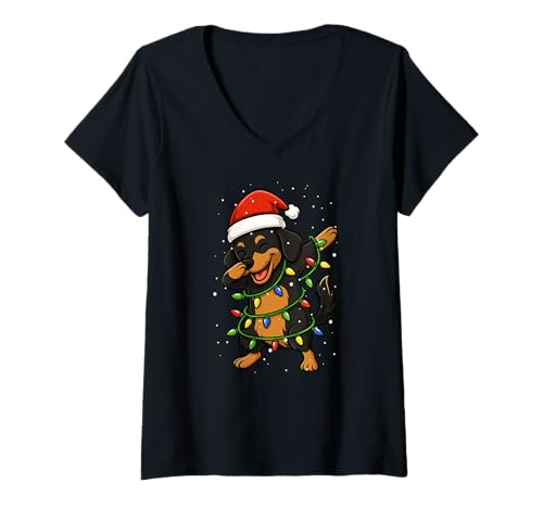 Damen Lustiger Dackel Weenie Dabbing Weihnachten Weihnachten Jungen Mädchen Kind T-Shirt mit V-Ausschnitt von XmasAxis1