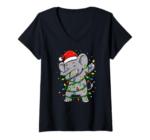 Damen Lustiger Elefant Dabbing Weihnachtsbeleuchtung Weihnachten Feiertage T-Shirt mit V-Ausschnitt von XmasAxis1