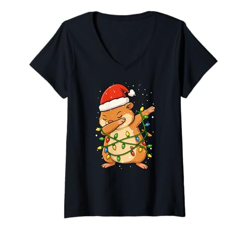 Damen Lustiger Hamster Weihnachten Dabbing Xmas Feiertage Jungen Mädchen Kind T-Shirt mit V-Ausschnitt von XmasAxis1