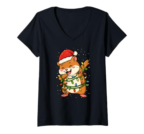 Damen Lustiger Hamster Weihnachten Dabbing Xmas Feiertage Jungen Mädchen Kind T-Shirt mit V-Ausschnitt von XmasAxis1