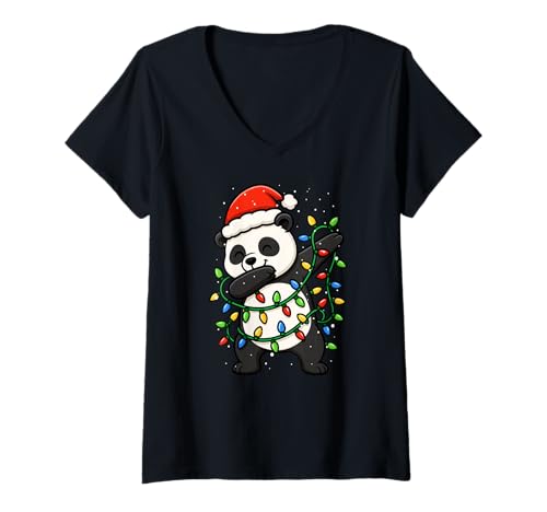 Damen Lustiger Panda Dabbing Weihnachten Weihnachten Feiertage Jungen Mädchen Kinder T-Shirt mit V-Ausschnitt von XmasAxis1