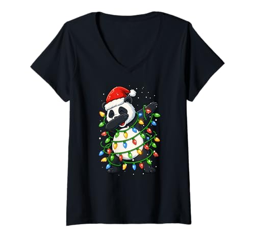 Damen Lustiger Panda Dabbing Weihnachtsbeleuchtung Weihnachten Feiertage Jungen T-Shirt mit V-Ausschnitt von XmasAxis1