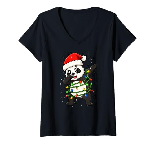 Damen Lustiger Panda Weihnachten Dabbing Xmas Feiertage Jungen Mädchen Kinder T-Shirt mit V-Ausschnitt von XmasAxis1