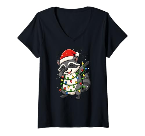 Damen Lustiger Waschbär Dabbing Weihnachten Weihnachten Feiertage Jungen Mädchen T-Shirt mit V-Ausschnitt von XmasAxis1