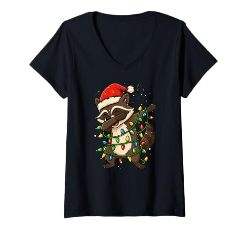 Damen Lustiger Waschbär Weihnachten Dabbing Xmas Feiertage Jungen Mädchen Kind T-Shirt mit V-Ausschnitt von XmasAxis1