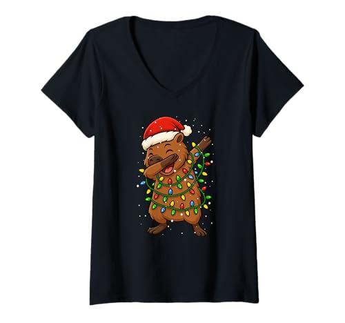 Damen Lustiges Capybara-Tabbing an Weihnachten und Weihnachtsfeiertagen für Jungen und Mädchen T-Shirt mit V-Ausschnitt von XmasAxis1