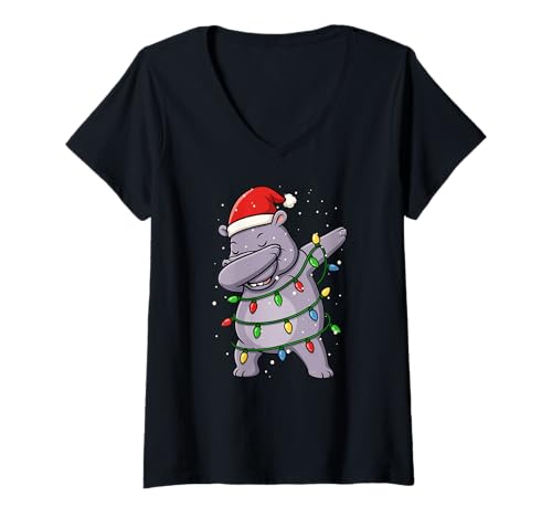 Damen Lustiges Nilpferd Dabbing Weihnachten Weihnachten Feiertage Jungen Mädchen Kinder T-Shirt mit V-Ausschnitt von XmasAxis1