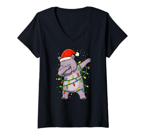 Damen Lustiges Nilpferd Dabbing Weihnachten Weihnachten Feiertage Jungen Mädchen T-Shirt mit V-Ausschnitt von XmasAxis1