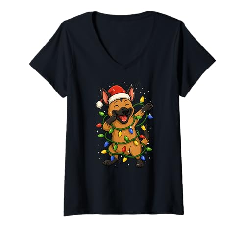 Damen Lustiges belgisches Malinois Dabbing Weihnachten Weihnachten Mama Papa Kinder T-Shirt mit V-Ausschnitt von XmasAxis1
