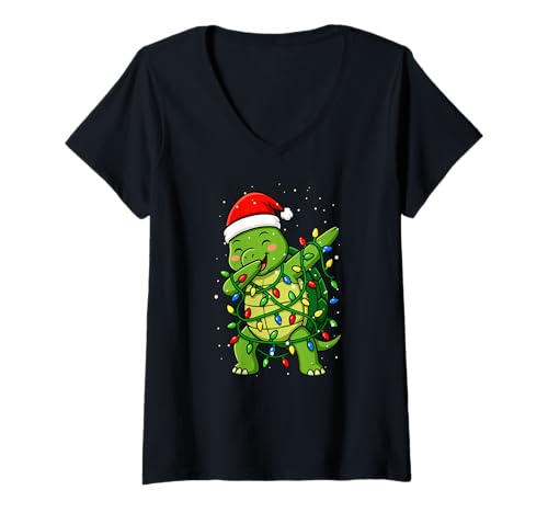 Damen Turtle Dabbing Weihnachtsbeleuchtung Weihnachten Feiertage Jungen Mädchen T-Shirt mit V-Ausschnitt von XmasAxis1