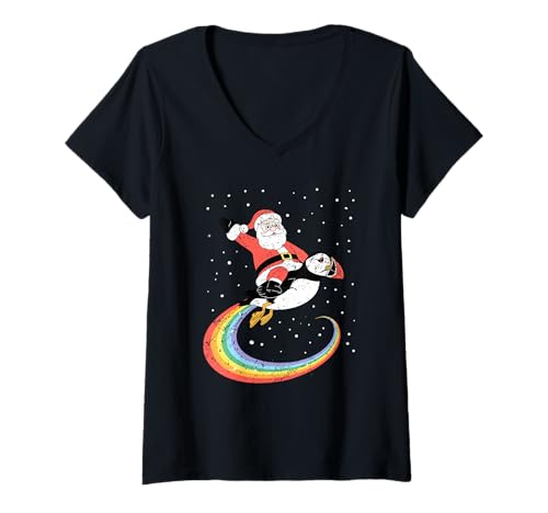 Damen Weihnachtsmann reitet Papageientaucher mit Regenbogenweg Weihnachtsspaß T-Shirt mit V-Ausschnitt von XmasFlight
