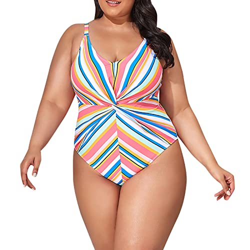 2023 Neuer gestreifter Badeanzug Plus Size Conservative Badeanzug Damen Bikini Hose Gr. 46 (XXL,a-Orange) von Xmiral