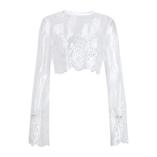 Bluse Tops Mesh Durchsichtig Spitze Kurz Kittel Slim Spleiß Shirt Damen (W-White, L) von Xmiral