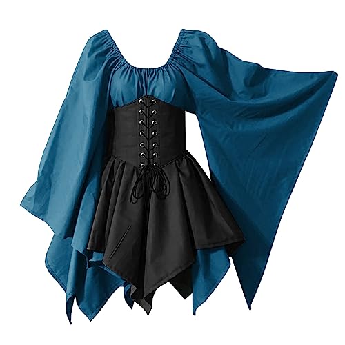 Cocktailkleid Damen Abendkleider Elegant für Hochzeit Festliche Kleider Brautjungfernkleid Cosplay Kostüme Gothic Retro Langarm Korsett Kleid (ZC-Blue, XXXXXL) von Xmiral