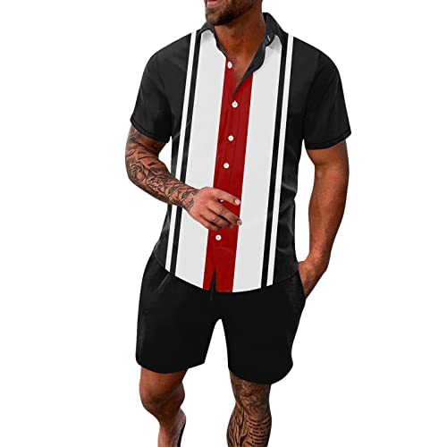 Xmiral Herren Freizeit Sport Hawaii Beach Style Stitching Stripe Print Kurzarm Hemdhose Zweiteiliges Set Serbien Trainingsanzug (Schwarz-A,Schwarz-A) von Xmiral